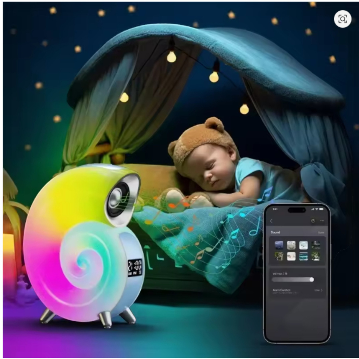 LAMPKA NOCNA LED ŚLIMAK RGB BLUETOOTH ZEGAR RADIO GŁOŚNIK APLIKACJA 