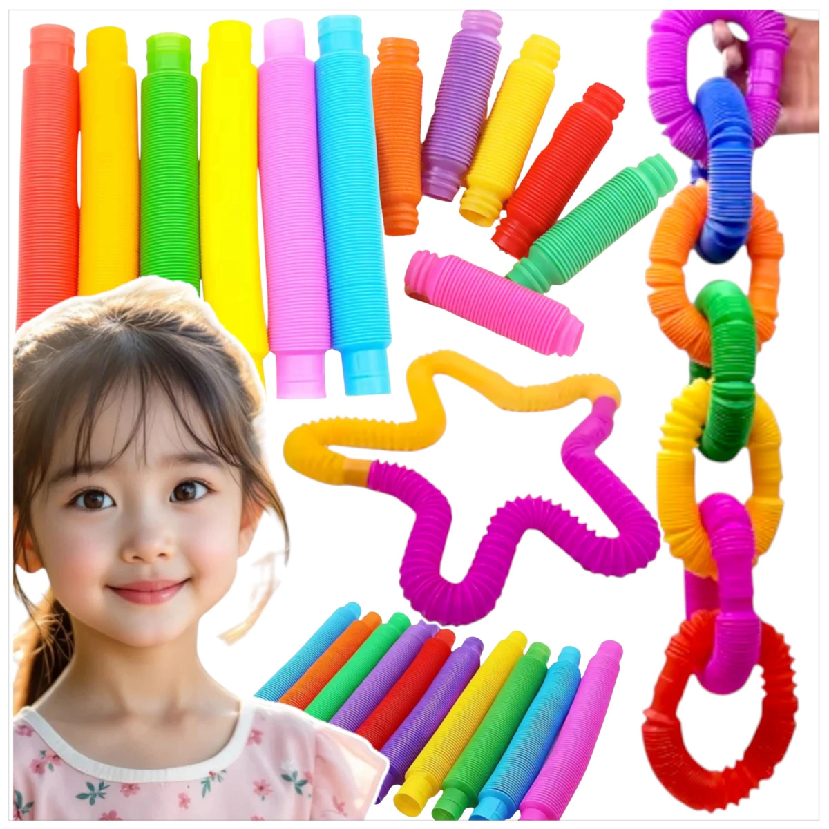 RURKA ANTYSTRESOWA SENSORYCZNA GNIOTEK RURA POP TUBE XXL MEGA ROZCIĄGLIWA - ZESTAW 16 SZTUK