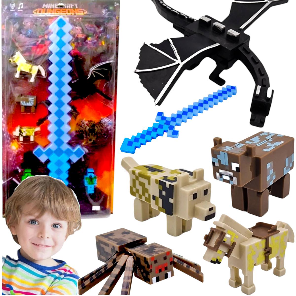 MINECRAFT MEGA ZESTAW XXL MIECZ ŚWIECĄCY FIGURKI Z GRY SMOK PAJĄK DENIS