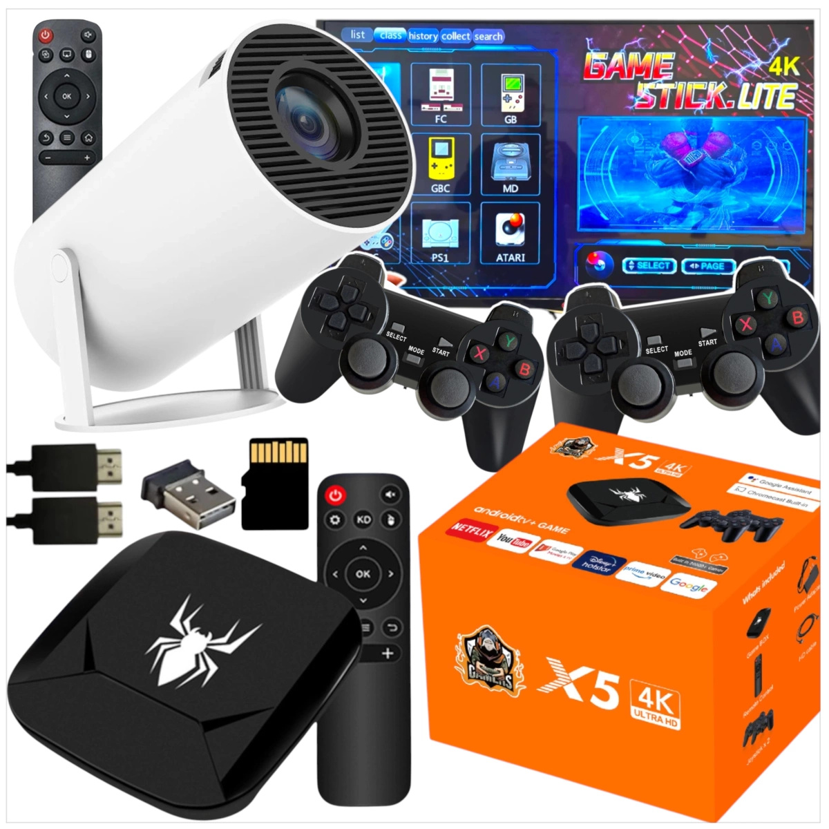 MEGA ZESTAW PROJEKTOR RZUTNIK ANDROID + KONSOLA RETRO 2x PAD 