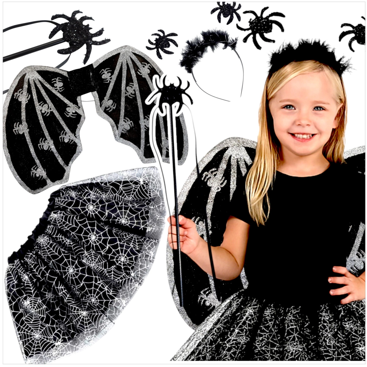 STRÓJ NA HALLOWEEN DLA DZIEWCZYNKI PAJĘCZYCA PAJĘCZARKA SPÓDNICZKA SKRZYDŁA