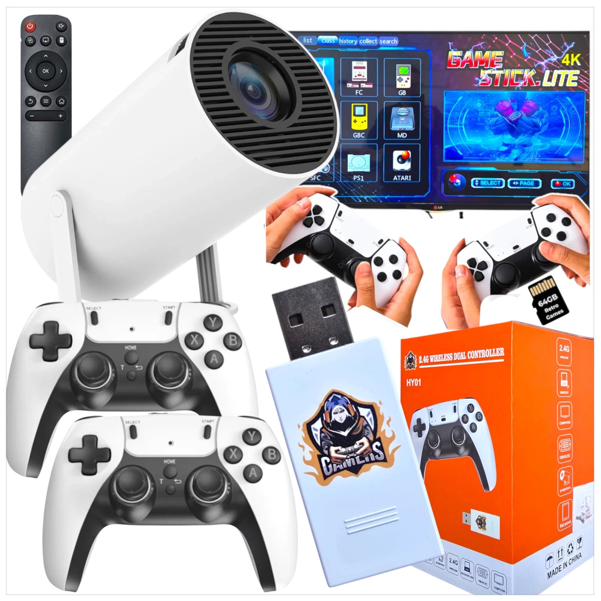 MEGA ZESTAW PROJEKTOR RZUTNIK ANDROID + KONSOLA RETRO 2x PAD 