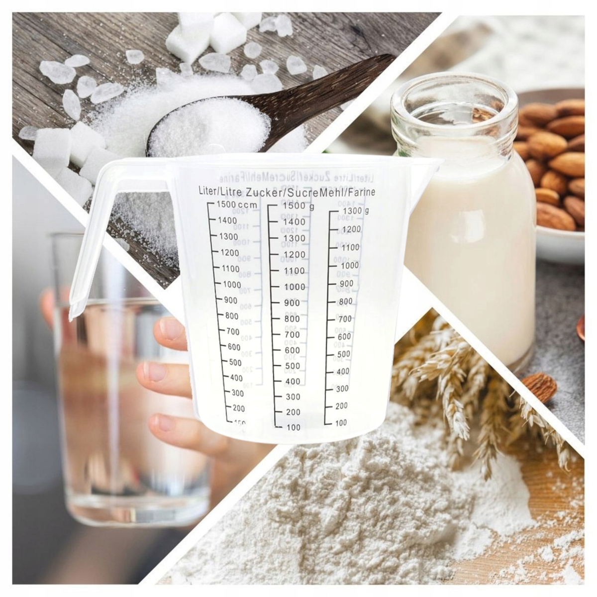 MIARKA KUCHENNA KUBEK DZBANEK Z PODZIAŁKĄ ODMIERZANIA PLASTIKOWY MIARA 1,5L