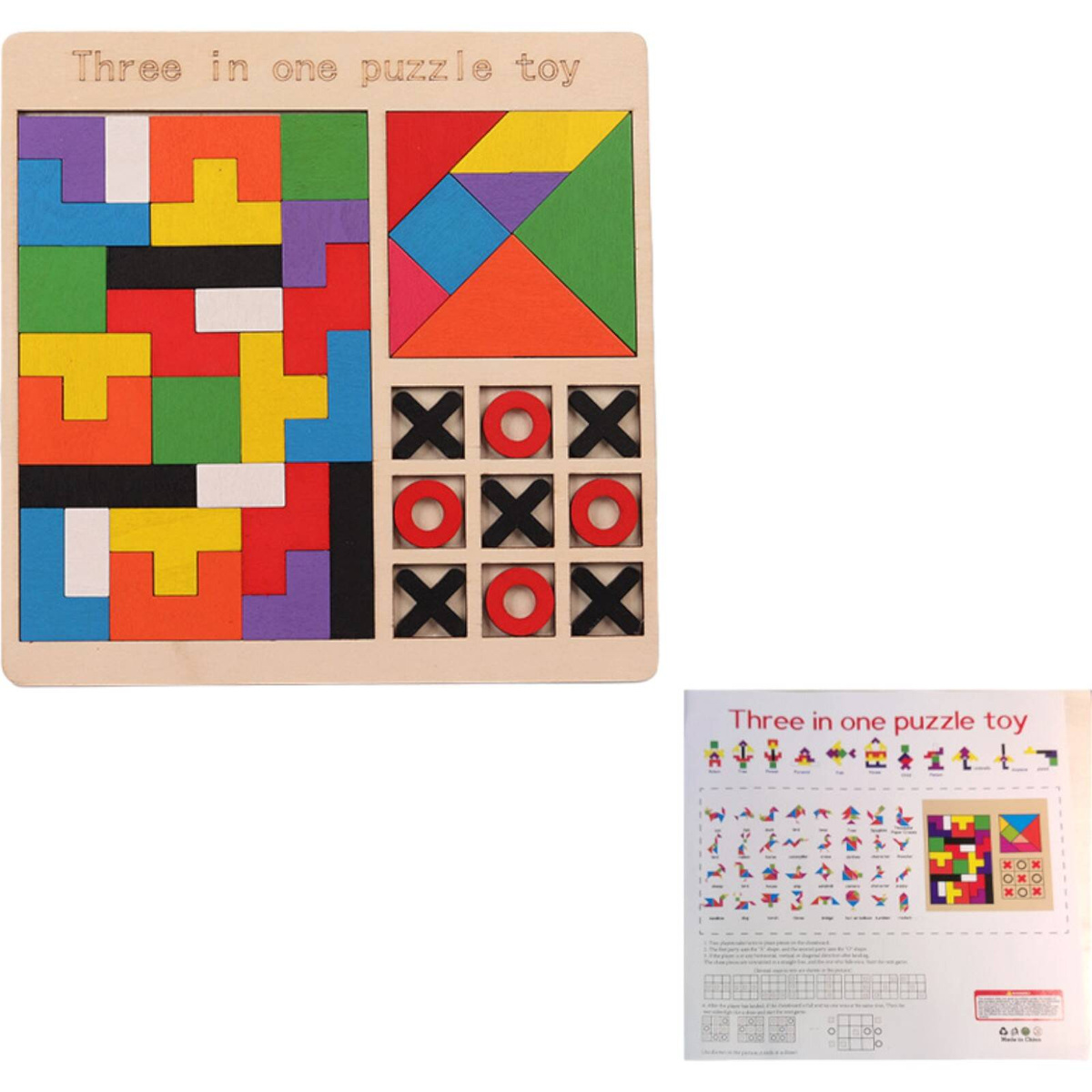 Drewniana Gra Logiczna Kółko i Krzyżyk + Tetris + Tangram (3 gry w 1)