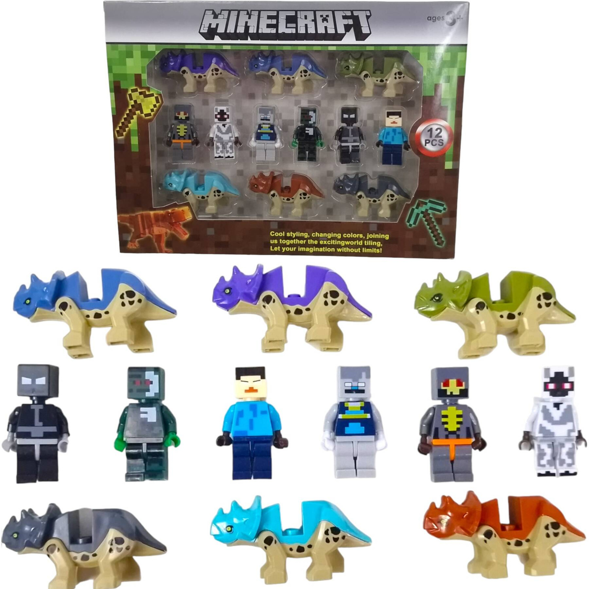 MINECRAFT DUŻY ZESTAW FIGUREK 12 SZTUK FIGURKI DINOZAURY KLOCKI 12w1 STEVE