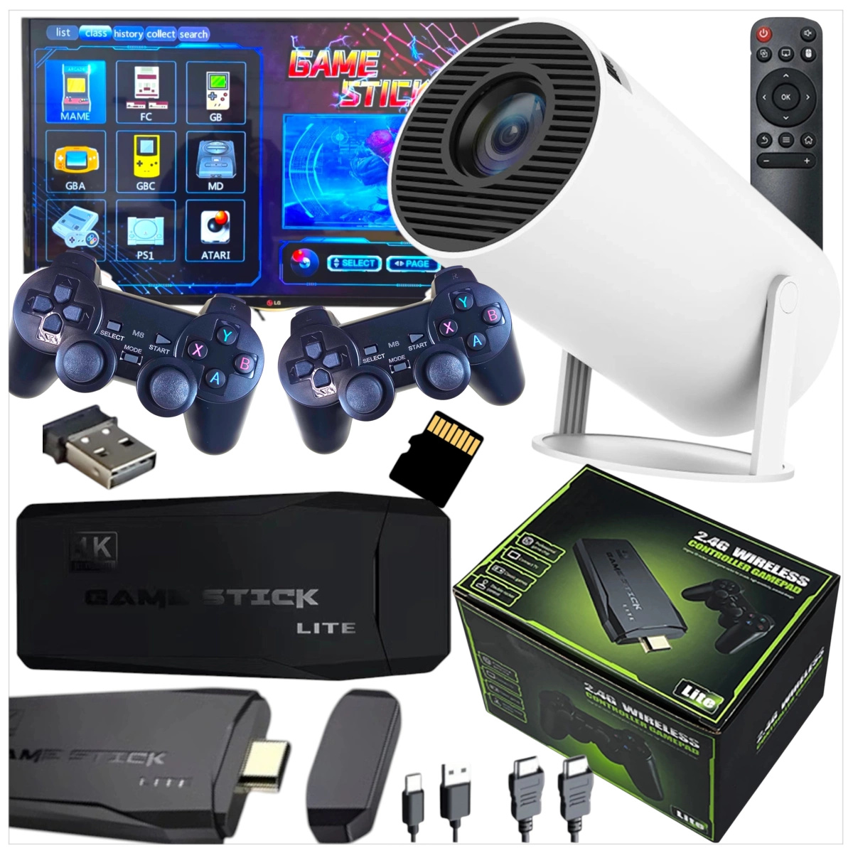 MEGA ZESTAW PROJEKTOR RZUTNIK ANDROID + KONSOLA RETRO 2x PAD 