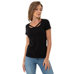 T-shirt Damski Z Ozdobnym Dekoltem Czarny M