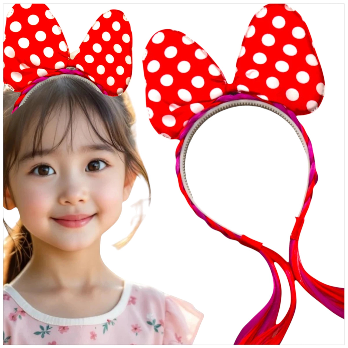 OPASKA DLA DZIEWCZYNKI Z KOKARDĄ OPASKA MYSZKA MINNIE Z WARKOCZYKIEM KROPKI