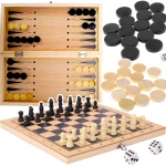 KLASYCZNE SZACHY DREWNIANE SKŁADANE 3w1 WARCABY TRYKTRAK KOSTKI DLA DZIECI