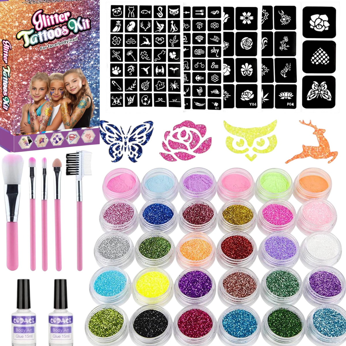 TATUAŻE DLA DZIEWCZYNKI BROKATOWE ZMYWALNE 151el ZESTAW DO TATUAŻY MAKIJAŻ