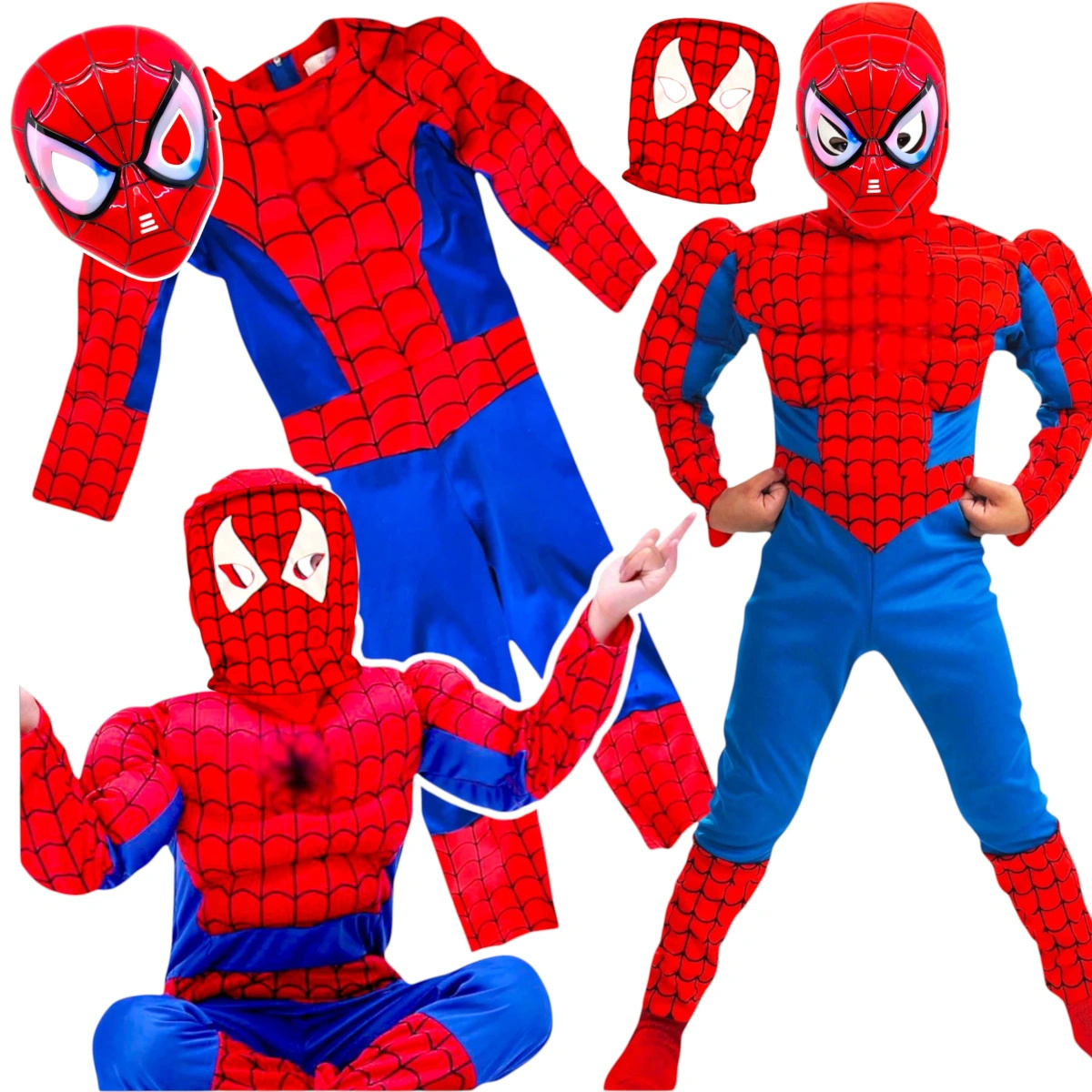 SPIDERMAN - STRÓJ DLA CHŁOPCA GRUBY Z MIEŚNIAMI DELUXE + MASKA ŚWIECĄCA