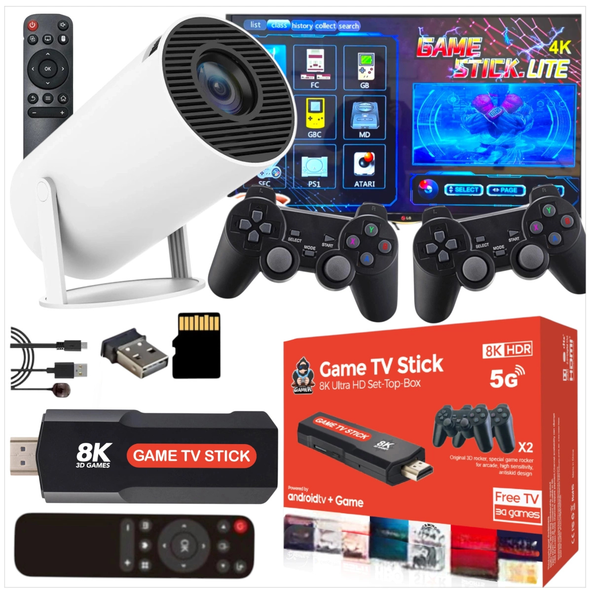 MEGA ZESTAW PROJEKTOR RZUTNIK ANDROID + KONSOLA RETRO 2x PAD 