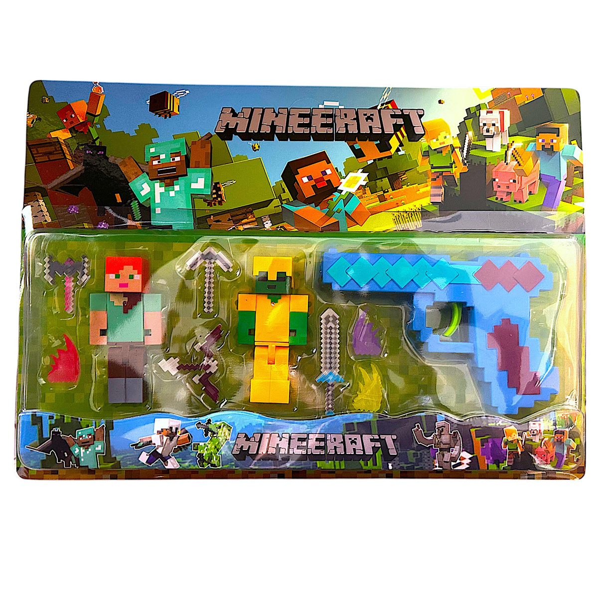 MINECRAFT FIGURKI ALEX ZOMBIE ZŁOTA ZBROJA ZESTAW 10w1 PISTOLET AKCESORIA