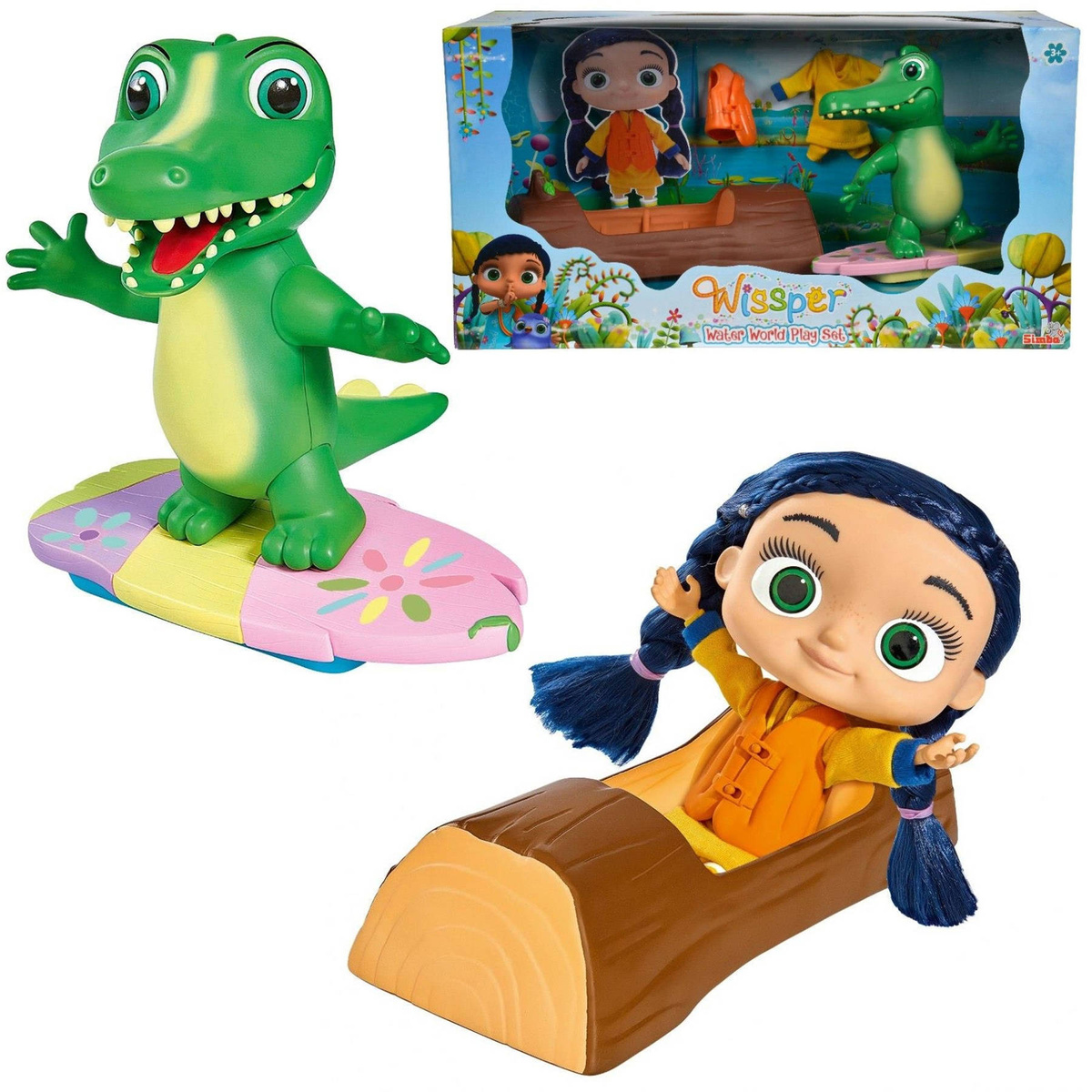 SIMBA - WISSPER FIGURKA ZESTAW ŚWIAT WODY ALIGATOR KEV STRÓJ DLA LALKI DESKA DO PŁYWANIA