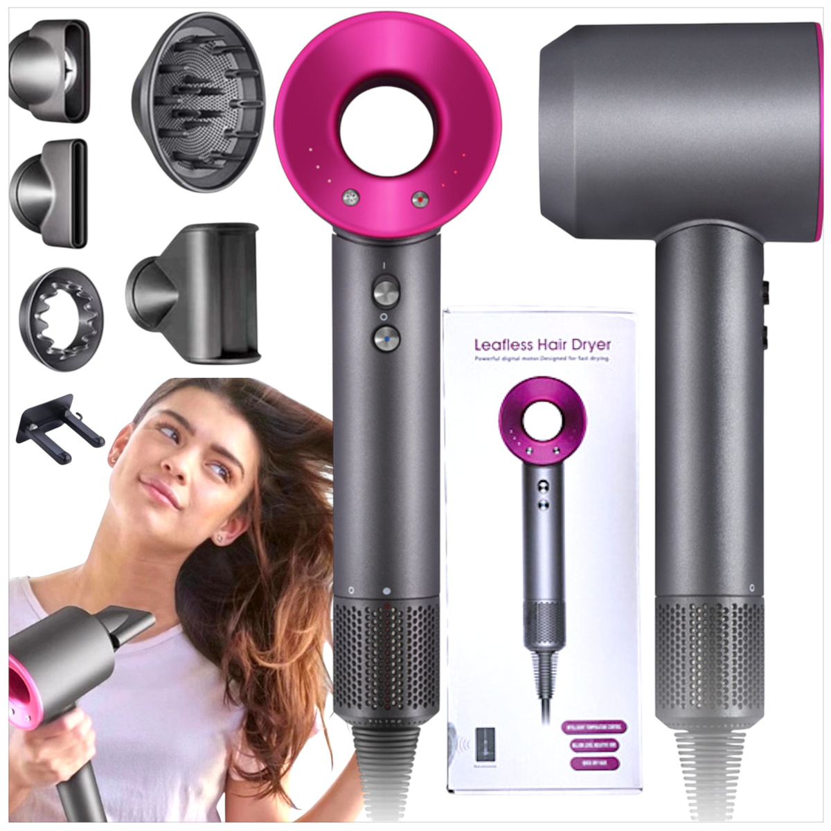 MEGA MOCNA SUSZARKA DO WŁOSÓW PROFESJONALNA JONIZACJA 1600W 5 KOŃCÓWEK 6w1