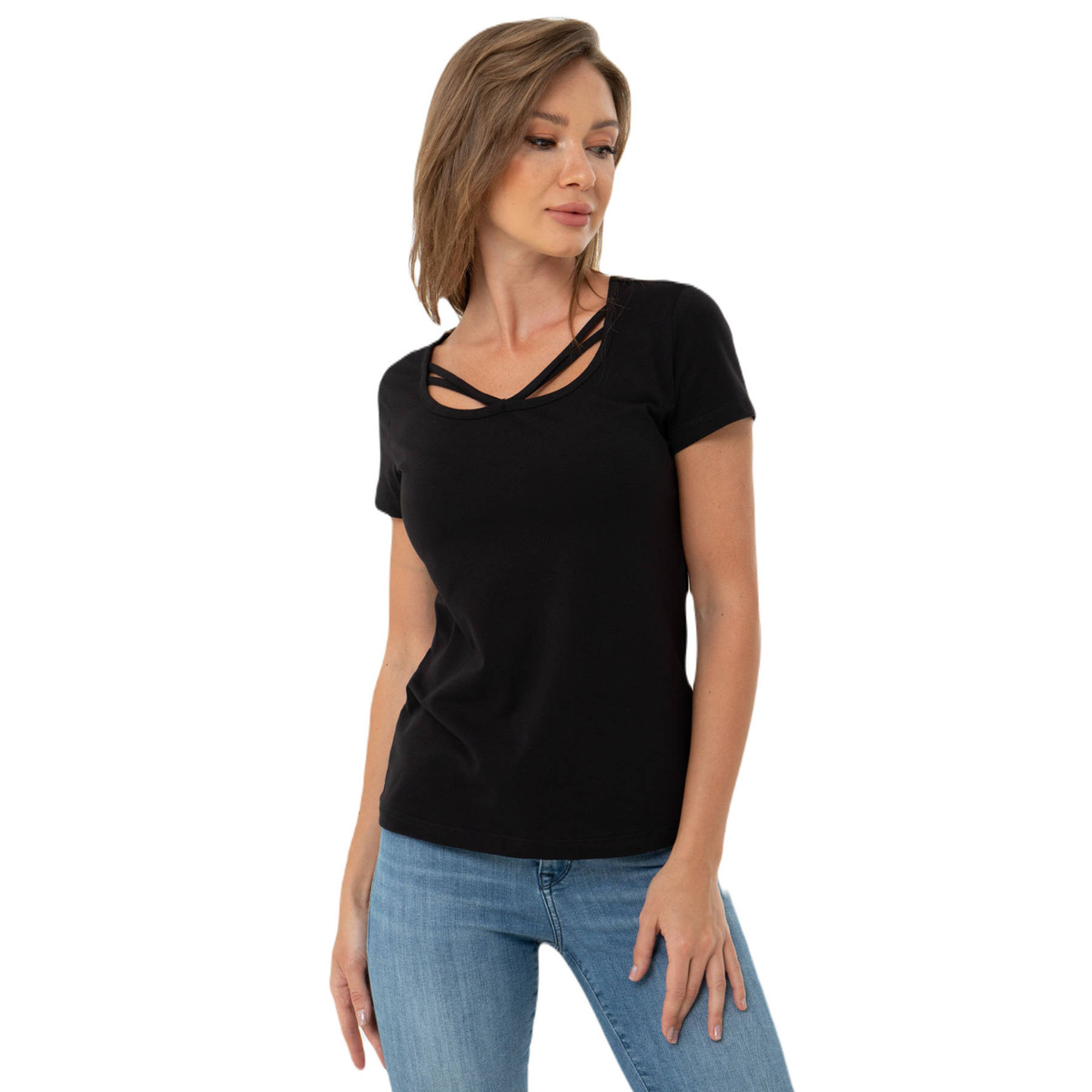 T-shirt Damski Z Ozdobnym Dekoltem Czarny M