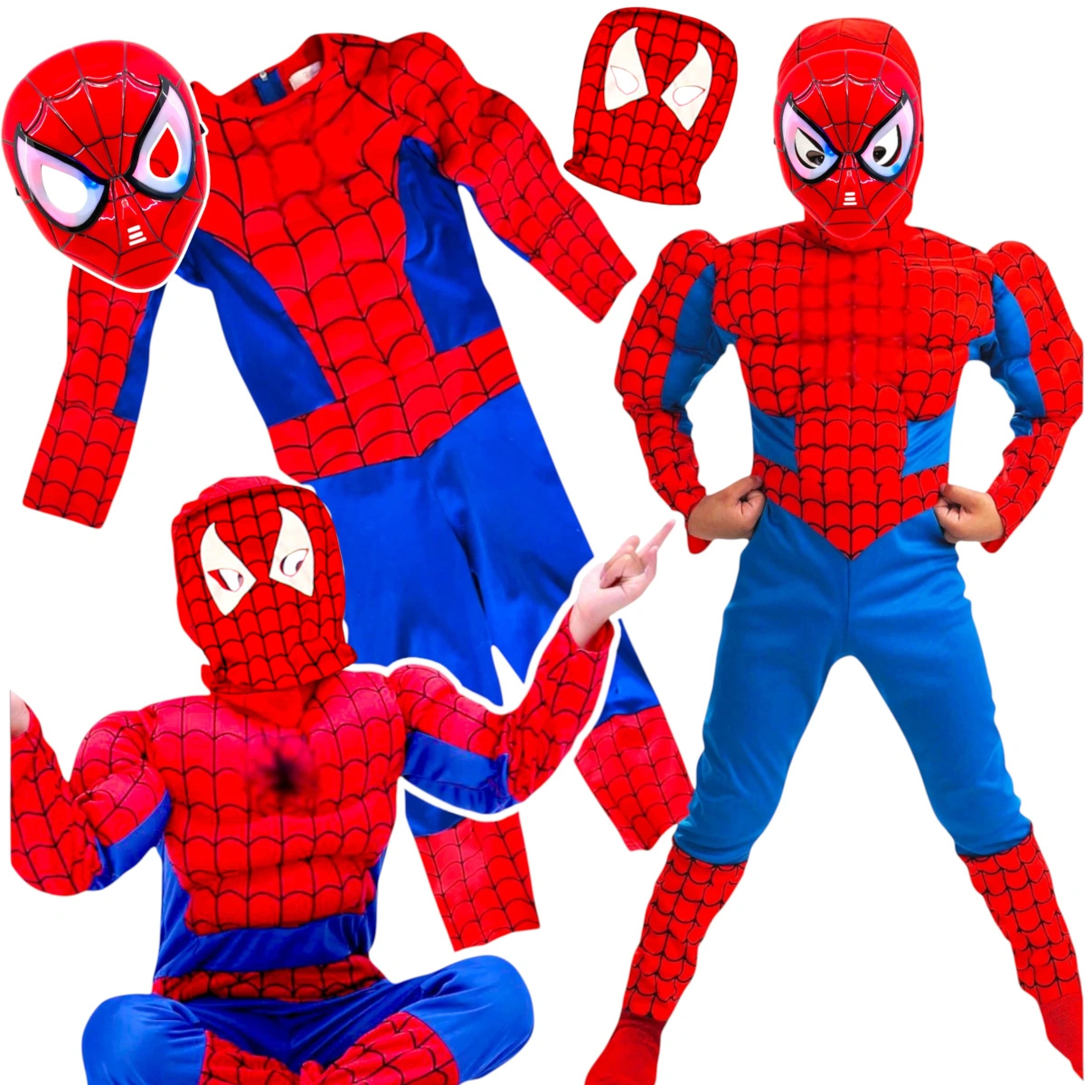 SPIDERMAN - STRÓJ DLA CHŁOPCA GRUBY Z MIEŚNIAMI DELUXE + MASKA ŚWIECĄCA