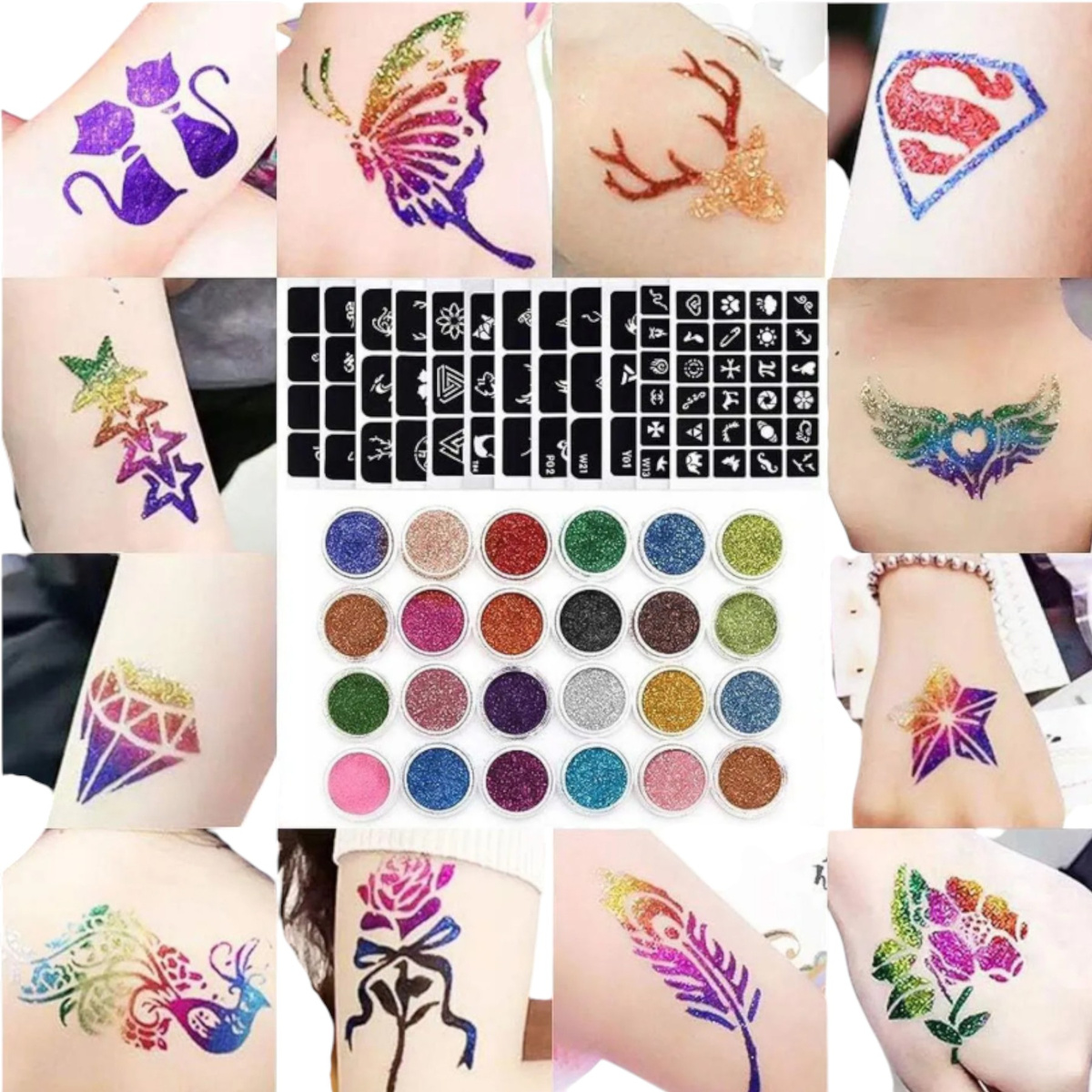 TATUAŻE DLA DZIEWCZYNKI BROKATOWE ZMYWALNE 151el ZESTAW DO TATUAŻY MAKIJAŻ