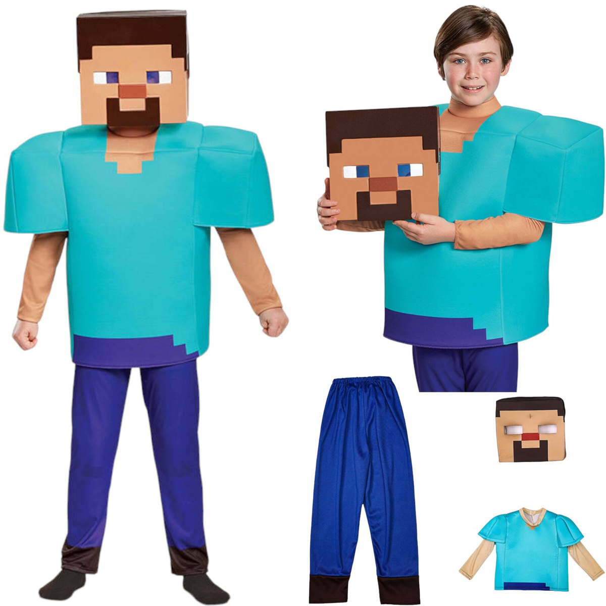 MINECRAFT – STRÓJ DLA DZIECKA STEVE ROZMIAR M (120-130) KOSTIUM NA BAL DLA CHŁOPCA GADŻETY DLA GRACZY