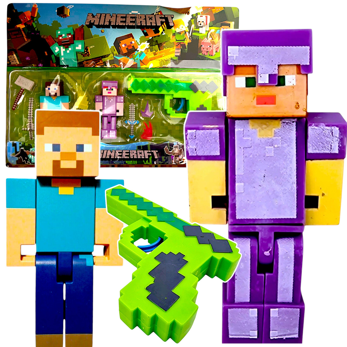 FIGURKA MINECRAFT FIGURKI STEVE ALEX ZBROJA ZESTAW 11w1 PISTOLET MIECZ XXL