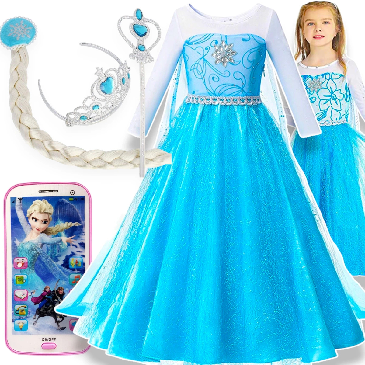 Zestaw 5w1 Strój Dla Dzieci Elsa + Akcesoria