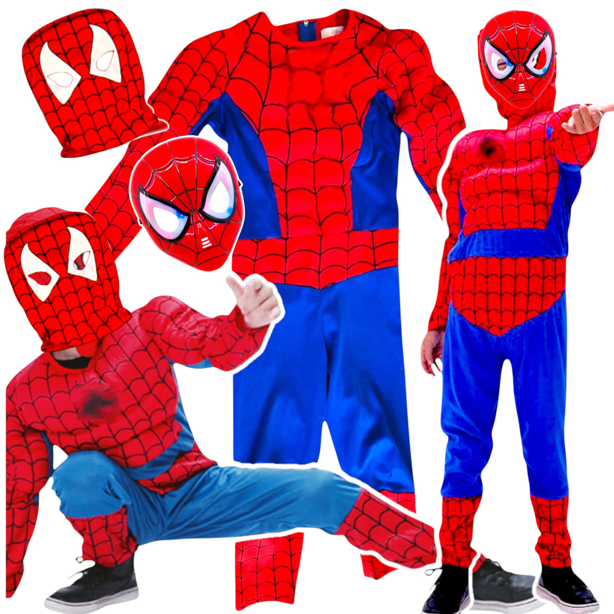 SPIDERMAN - STRÓJ DLA CHŁOPCA GRUBY Z MIEŚNIAMI DELUXE + MASKA ŚWIECĄCA