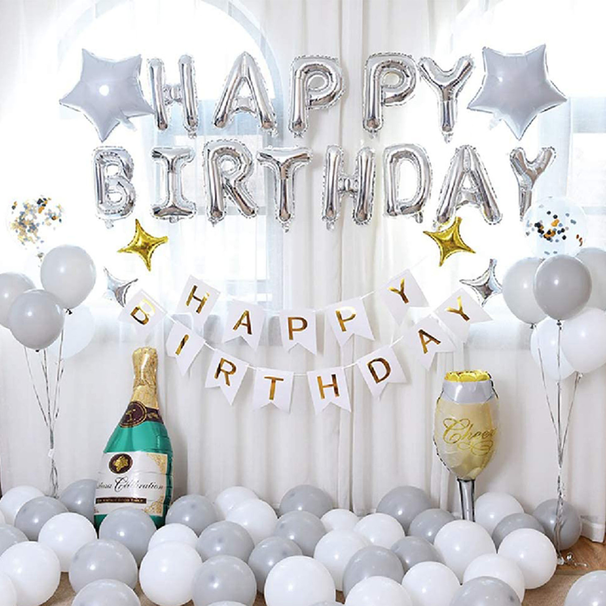 Zestaw balonów na urodziny HAPPY BIRTHDAY srebrny