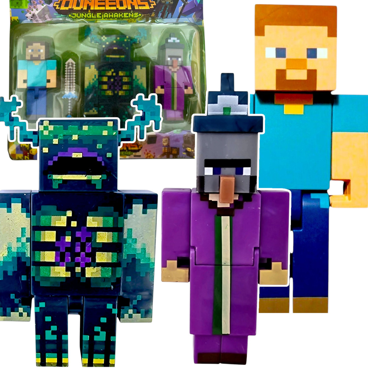 MINECRAFT - ZESTAW FIGUREK 3w1 STEVE WHISPERER WIEDŹMA WARDEN MIECZ DODATKI
