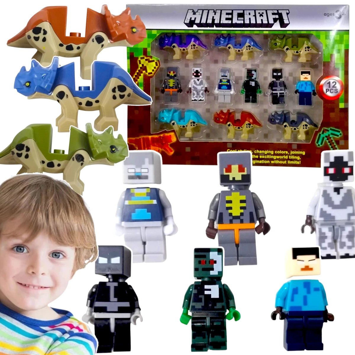 MINECRAFT DUŻY ZESTAW FIGUREK 12 SZTUK FIGURKI DINOZAURY KLOCKI 12w1 STEVE
