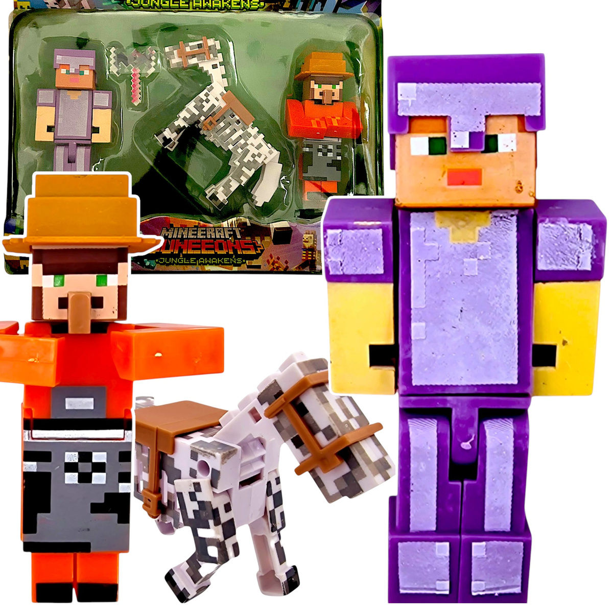 FIGURKA MINECRAFT ZESTAW FIGUREK 3w1 ALEX KOŃ VILLAGER + MIECZ DODATKI XXL