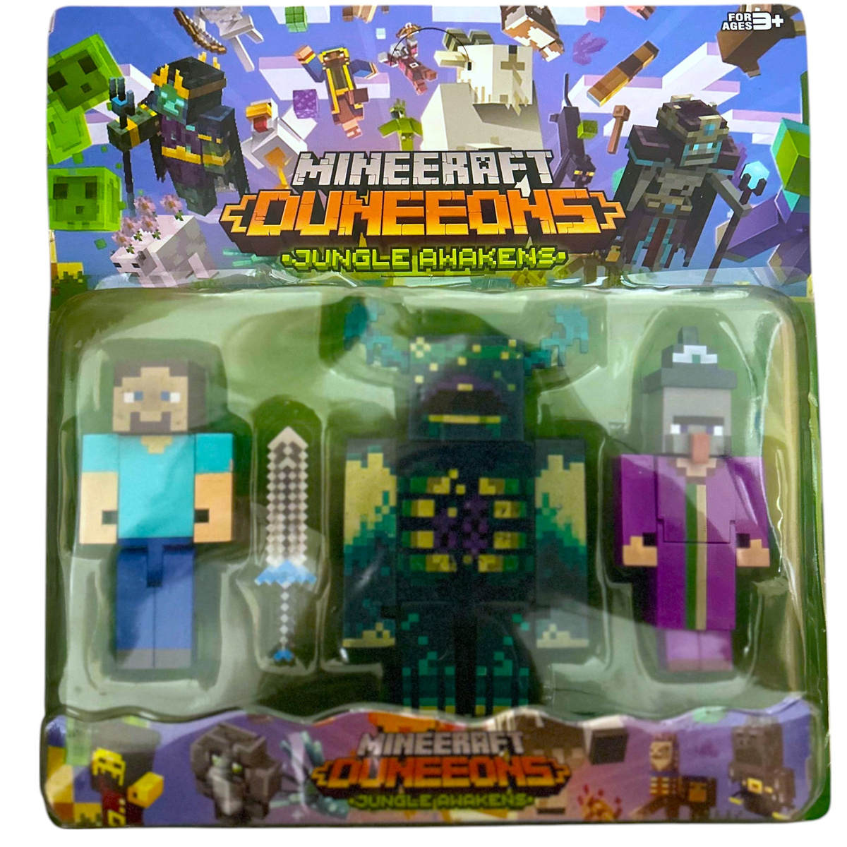 MINECRAFT - ZESTAW FIGUREK 3w1 STEVE WHISPERER WIEDŹMA WARDEN MIECZ DODATKI