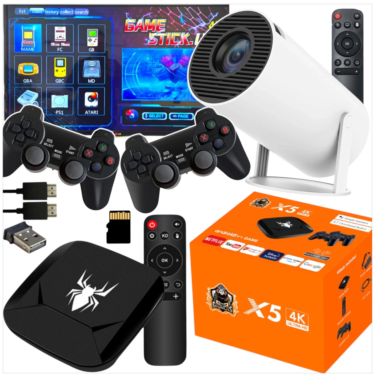 MEGA ZESTAW PROJEKTOR RZUTNIK ANDROID + KONSOLA RETRO 2x PAD 