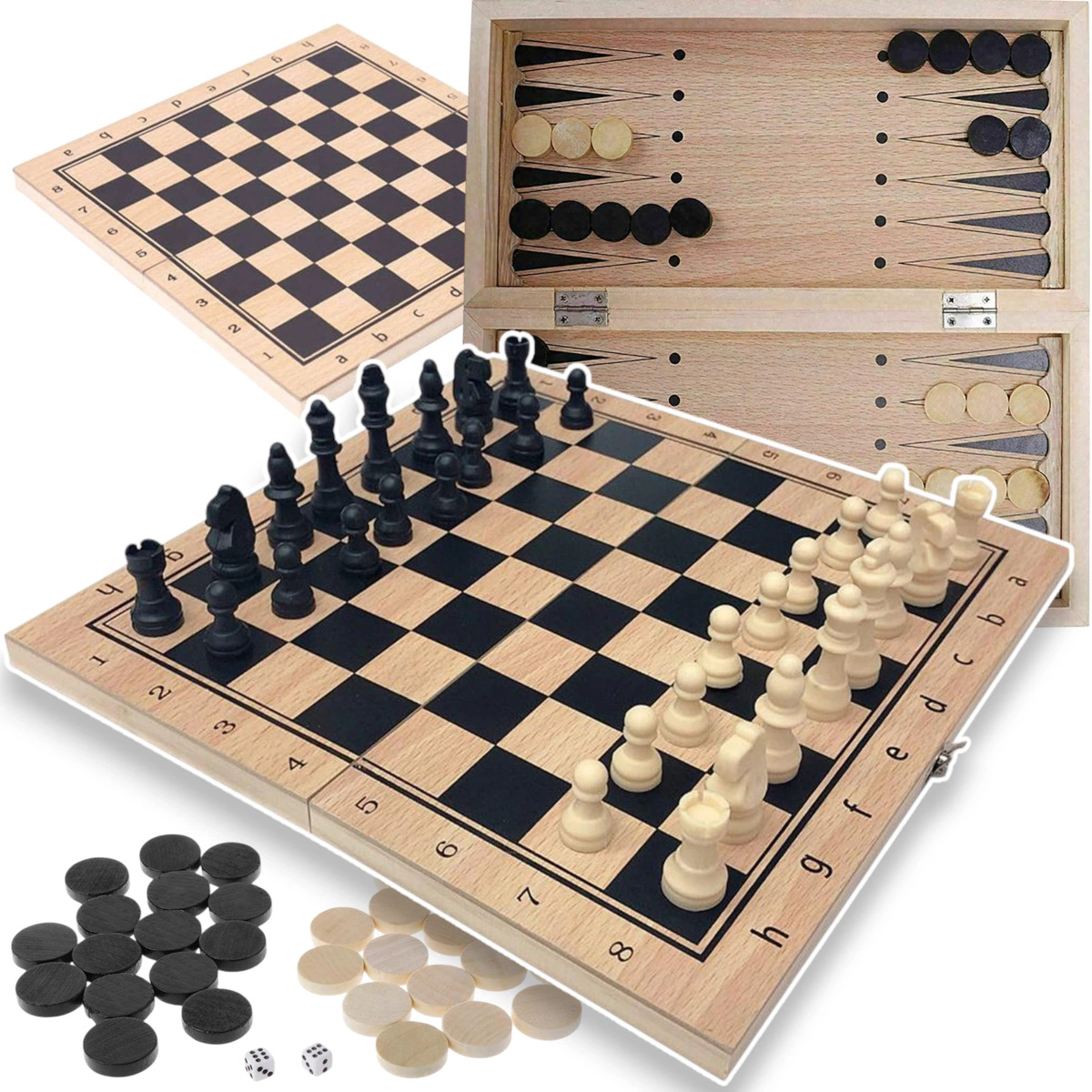 KLASYCZNE SZACHY DREWNIANE SKŁADANE 3w1 WARCABY TRYKTRAK KOSTKI DLA DZIECI