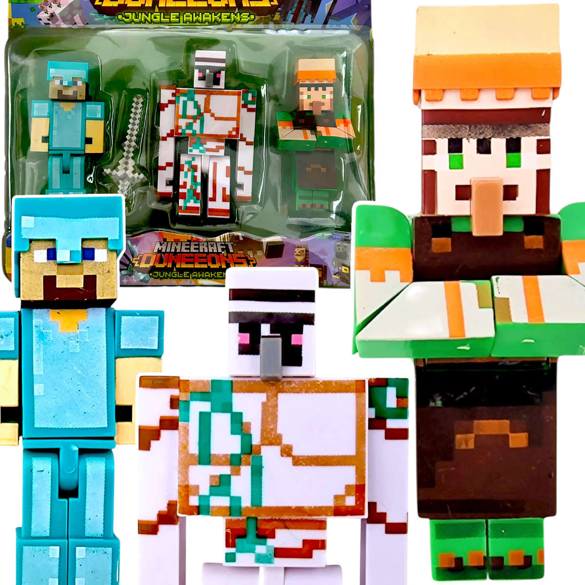 FIGURKA MINECRAFT ZESTAW FIGUREK 3w1 GOLEM DIAMENTOWY STEVE OSADNIK DODATKI