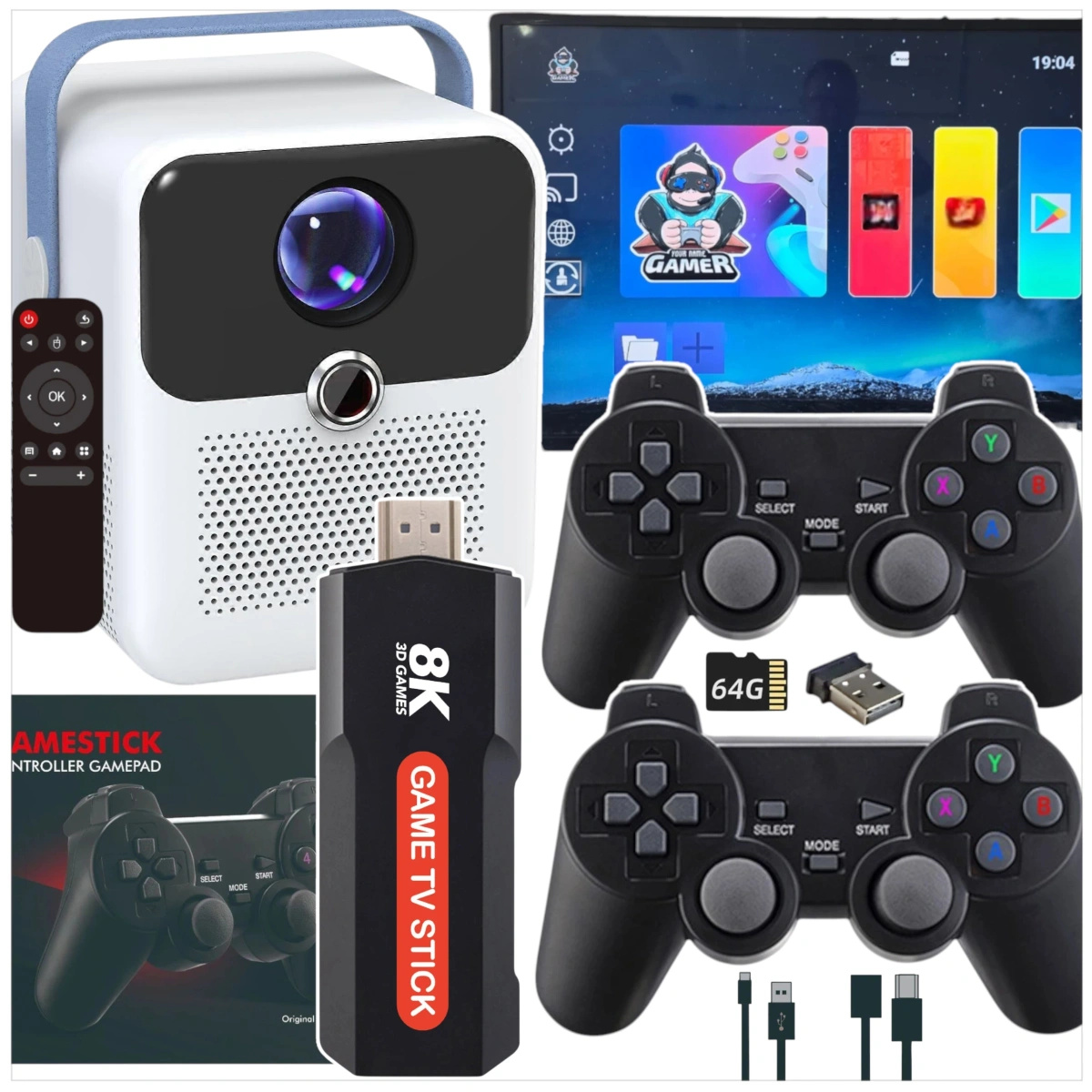 PROJEKTOR 4K LED KONSOLA GAME STICK PRO ANDROID 2 PADY GRY PILOT WIFI USB