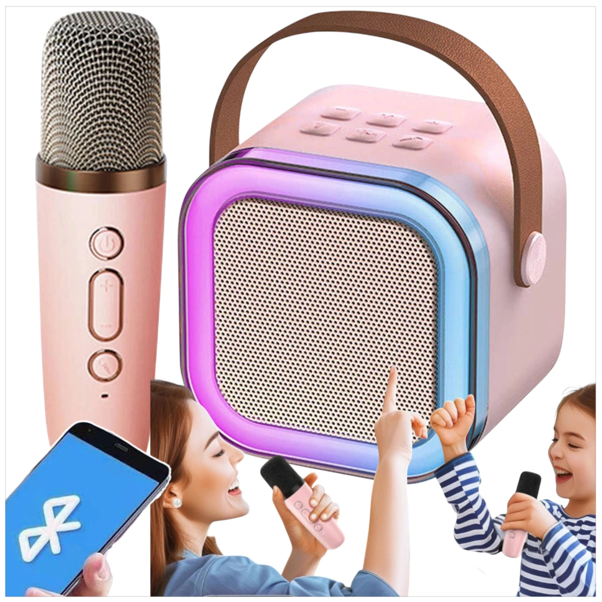 GŁOŚNIK BLUETOOTH PRZENOŚNE KARAOKE LAMPKA RGB MIKROFON USB SD MINI JACK