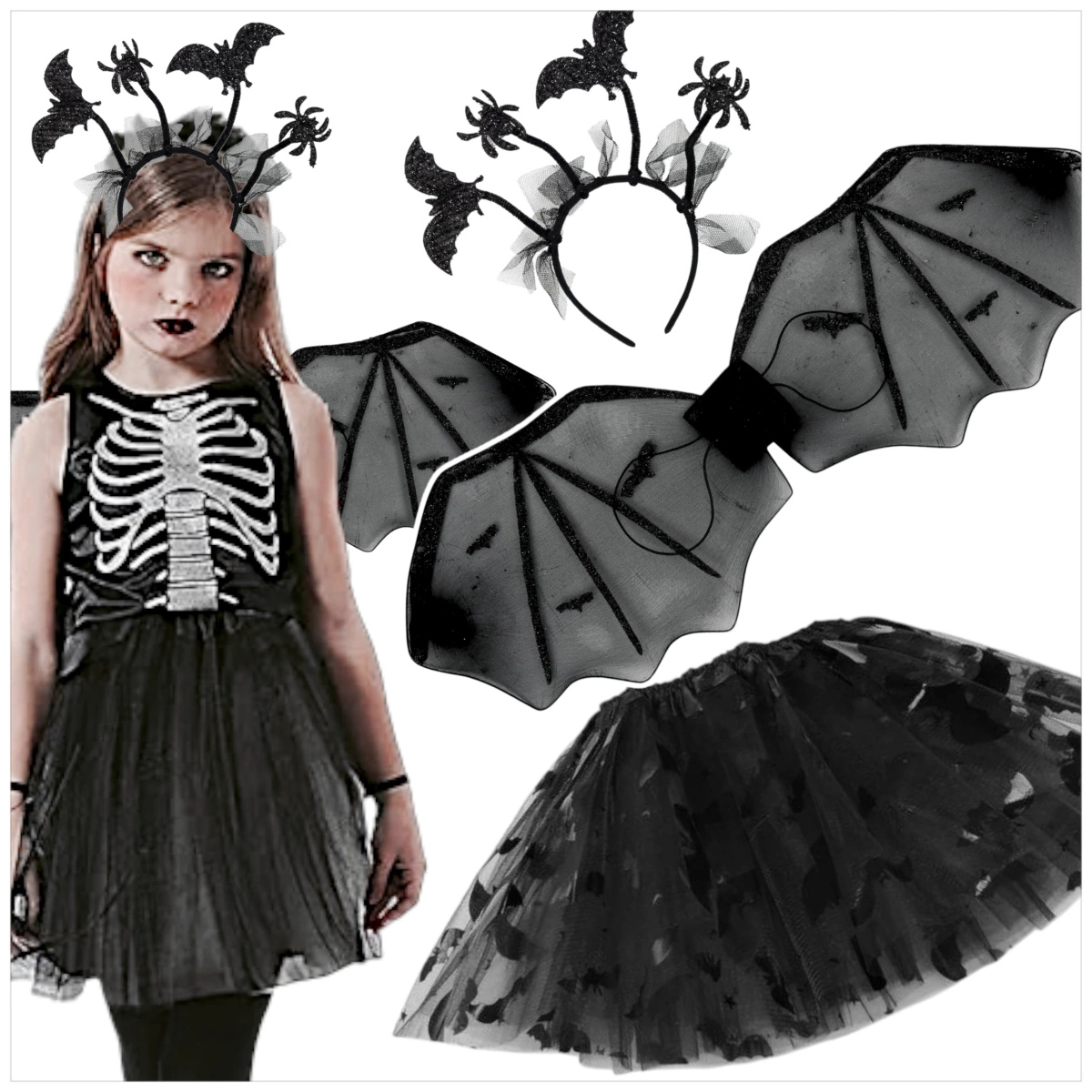 STRÓJ DLA DZIEWCZYNKI NA HALLOWEEN PAJĘCZARKA 3w1 NIETOPERZ