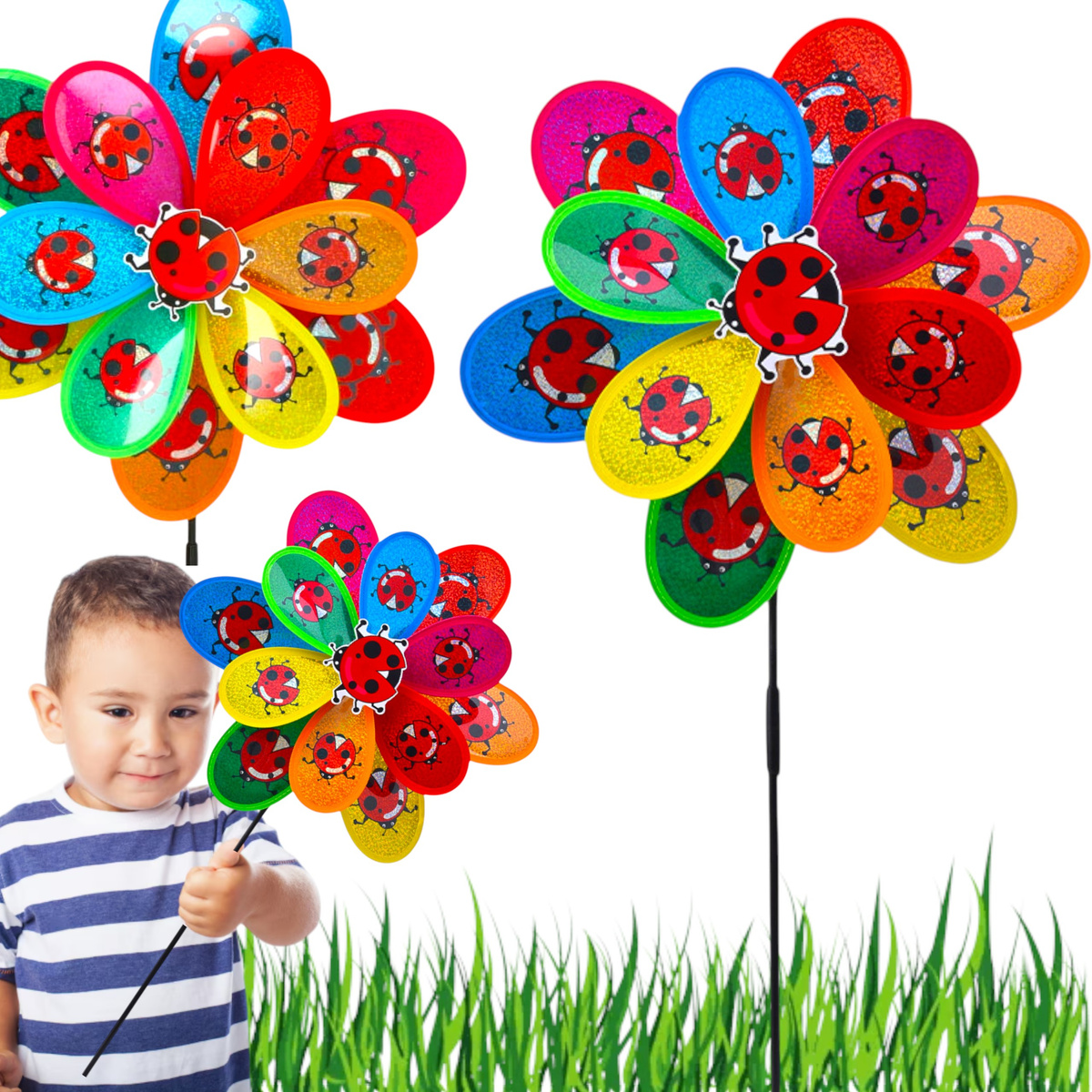 WIATRAK OGRODOWY DO ZABAWY BIEDRONKI DUŻY WIATRACZEK DLA DZIECI KOLOROWY