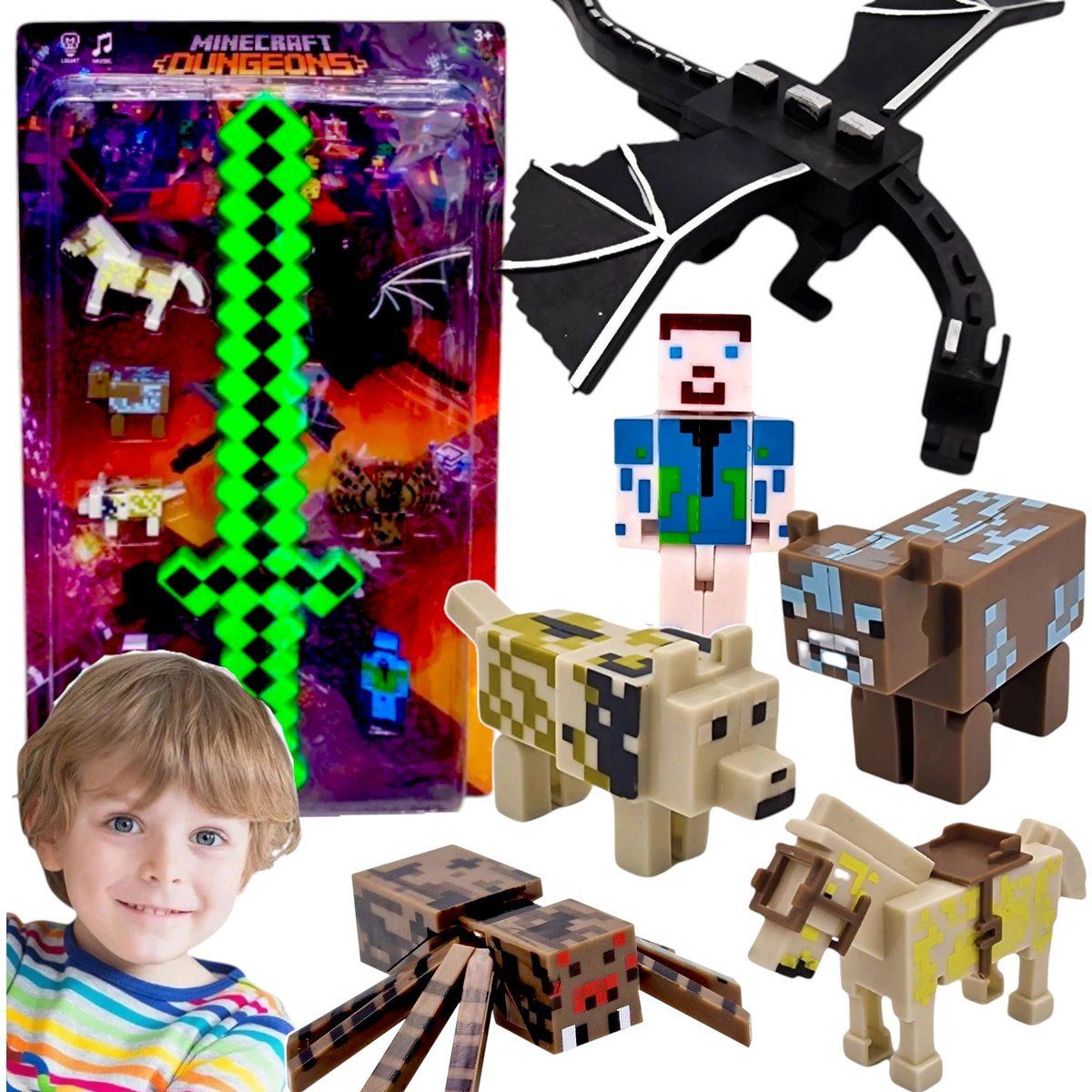 MINECRAFT - ZWSTAW 7 FIGUREK Z GRY DUŻY ZESTAW 8W1 MIECZ PIXEL ŚWIECĄCY