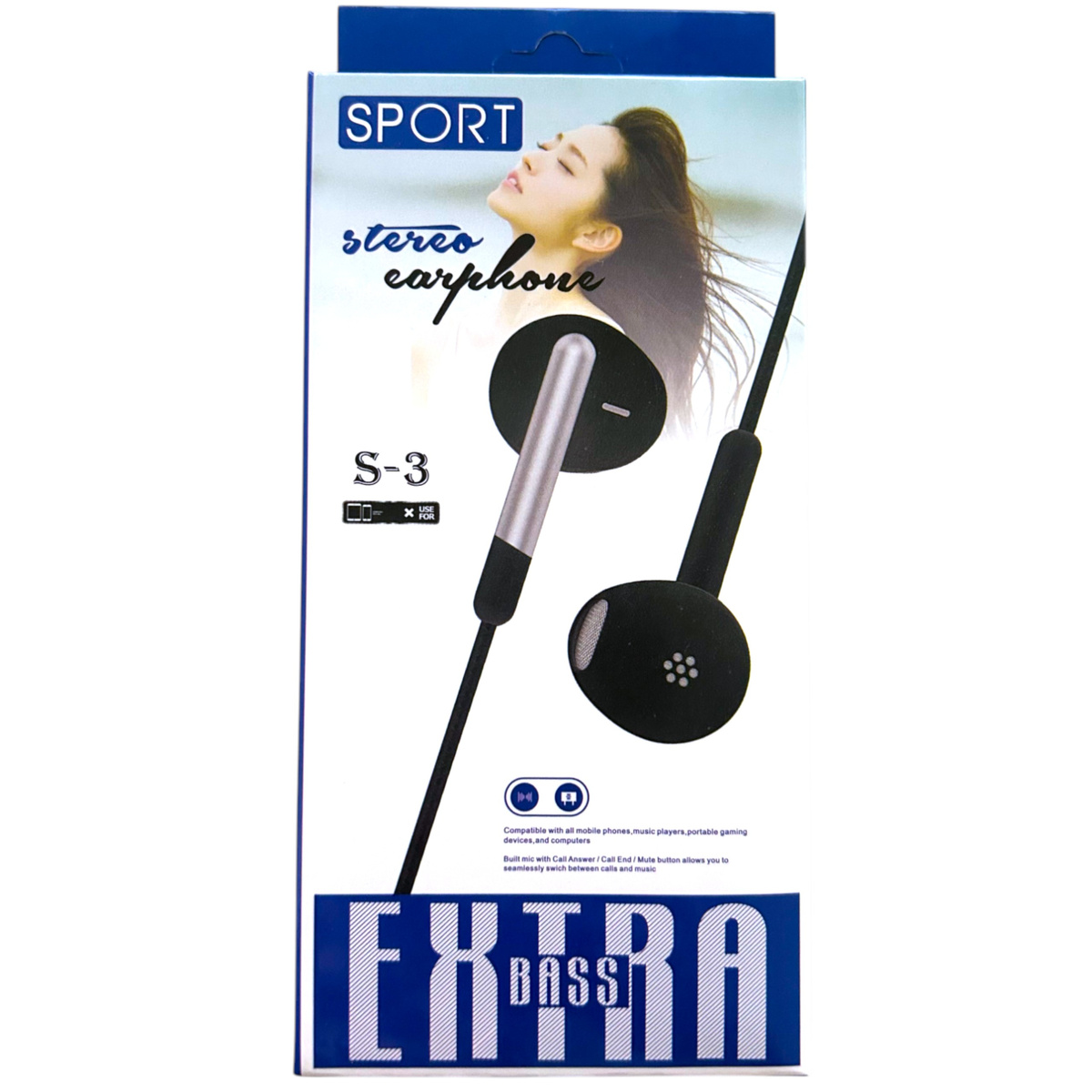 SŁUCHAWKI SPORTOWE DOUSZNE S-3 EXTRA BASS DO BIEGANIA NA ROWER PRZEWODOWE