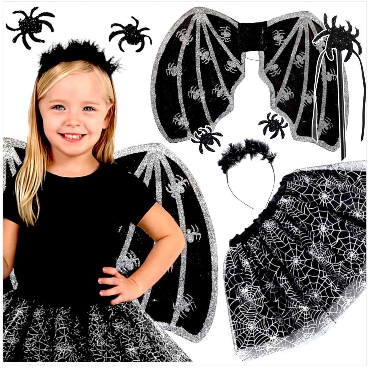 STRÓJ NA HALLOWEEN DLA DZIEWCZYNKI PAJĘCZYCA PAJĘCZARKA SPÓDNICZKA SKRZYDŁA
