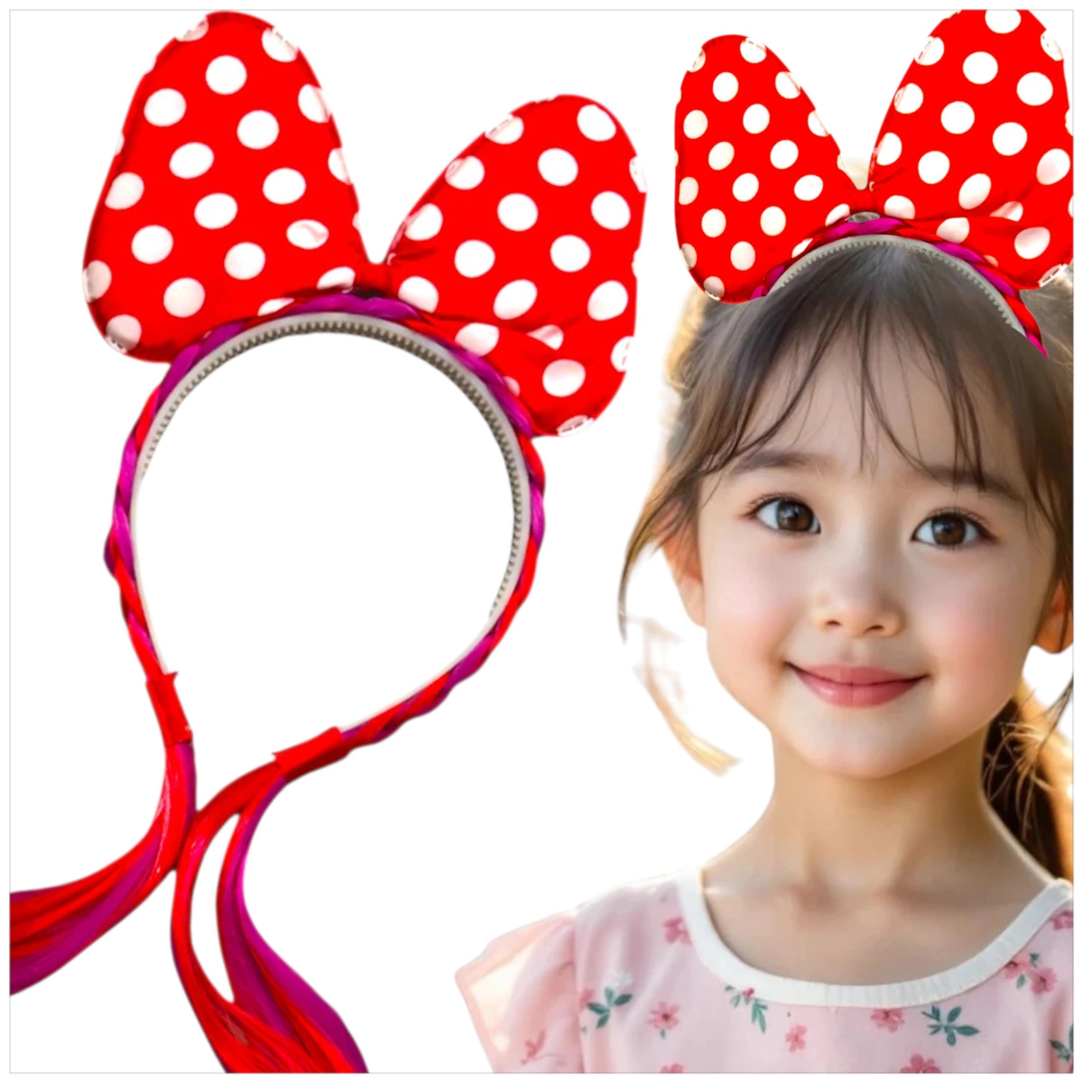 OPASKA DLA DZIEWCZYNKI Z KOKARDĄ OPASKA MYSZKA MINNIE Z WARKOCZYKIEM KROPKI