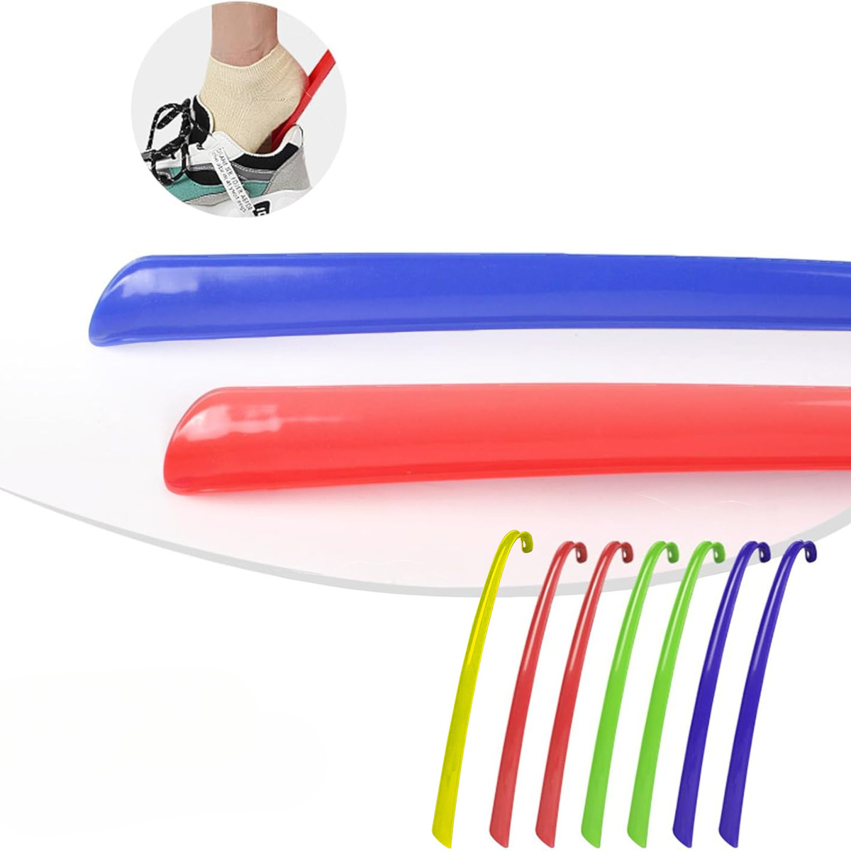 ŁYŻKA DO BUTÓW KIJ DO BUTÓW DŁUGA KOLOROWA PLASTIKOWA 43CM Z HACZYKIEM