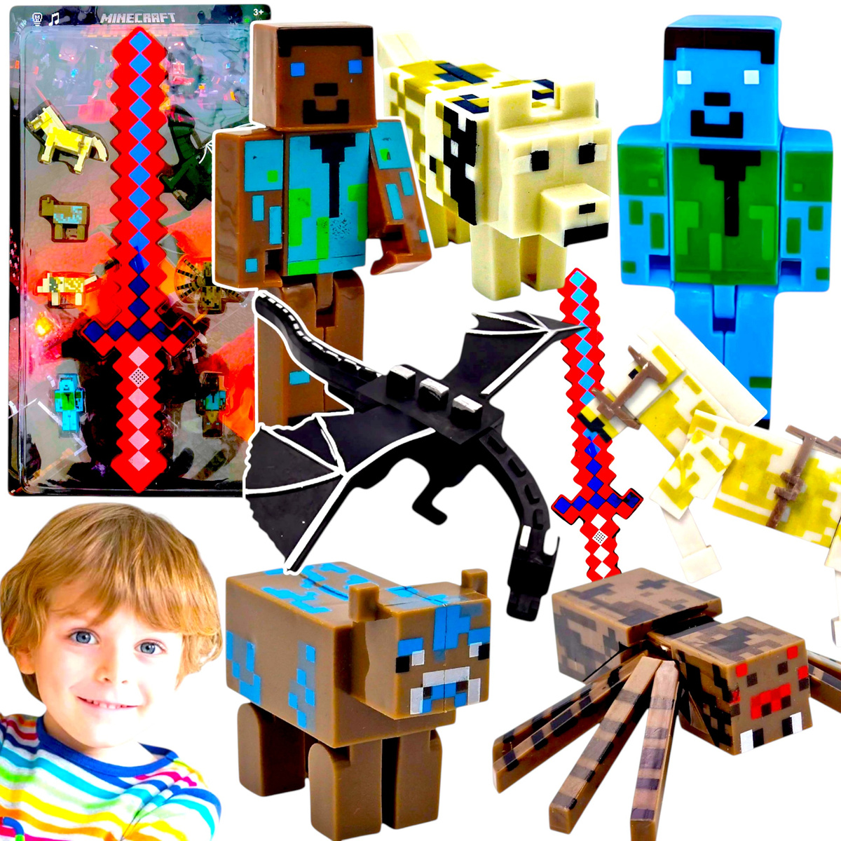MINECRAFT MEGA PACK 7 FIGUREK Z GRY DUŻY ZESTAW 8w1 + DUŻY MIECZ ŚWIECĄCY