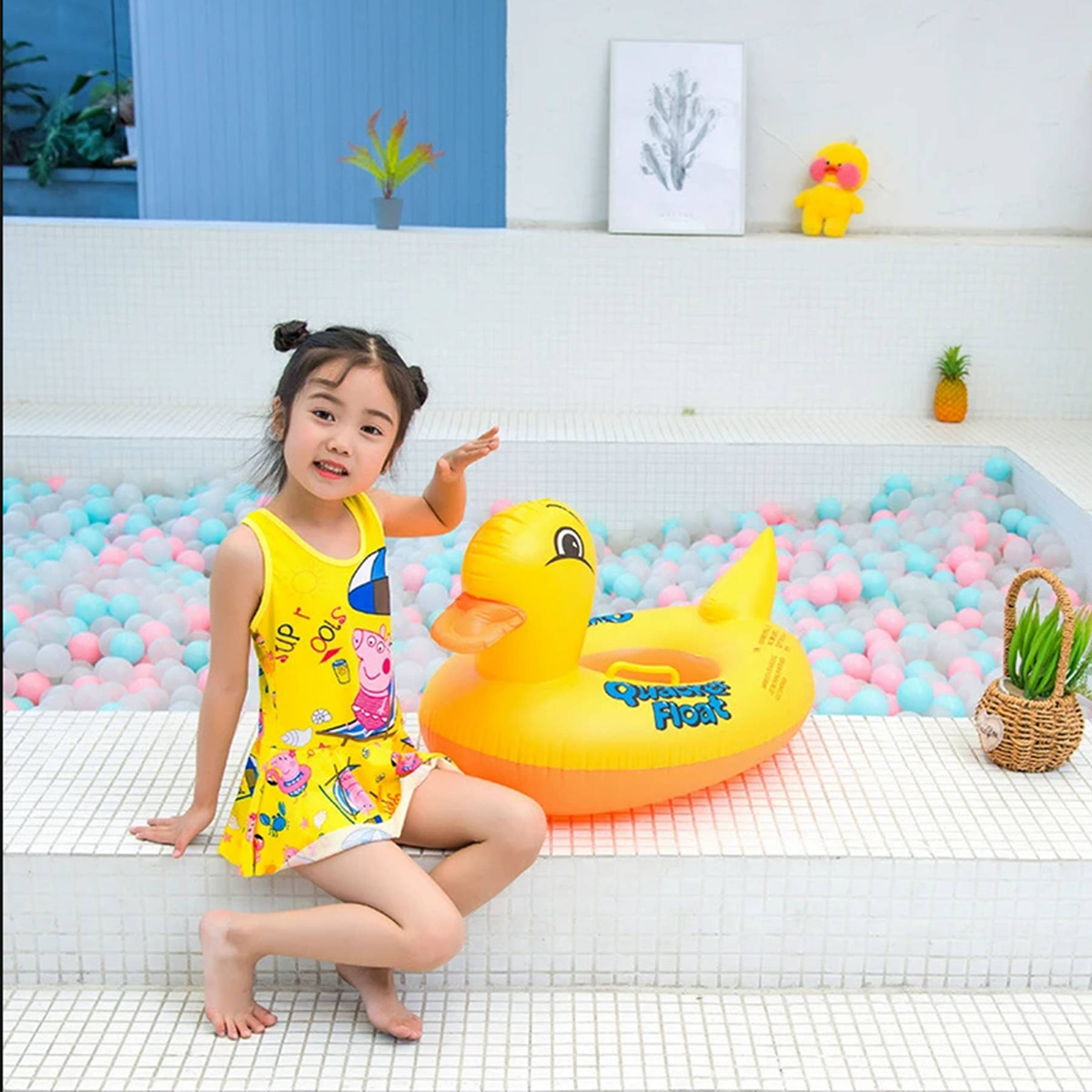 Duża Dmuchana Kaczka Do Pływania z kołem 2w1 70cm