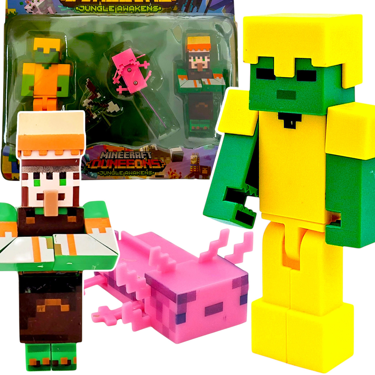 FIGURKA MINECRAFT ZESTAW FIGUREK 3w1 ZOMBIE ZŁOTA ZBROJA JASZCZURKA DODATKI