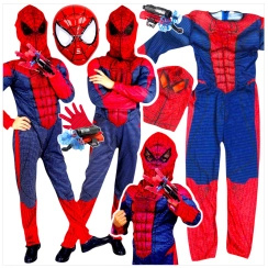 SPIDERMAN - STRÓJ DLA CHŁOPCA GRUBY Z MIEŚNIAMI DELUXE + MASKA NA TWARZ
