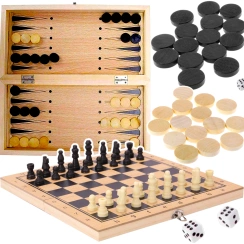 KLASYCZNE SZACHY DREWNIANE SKŁADANE 3w1 WARCABY TRYKTRAK KOSTKI DLA DZIECI