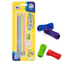 Ołówki pastelowe HB z miarką 4 sztuki + gumka i temperówka + Ergonomiczne nakładki