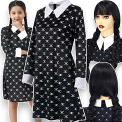 Strój Kostium Wednesday Addams - rozmiar L (125-135 cm) + Peruka z warkoczami o długości 60cm